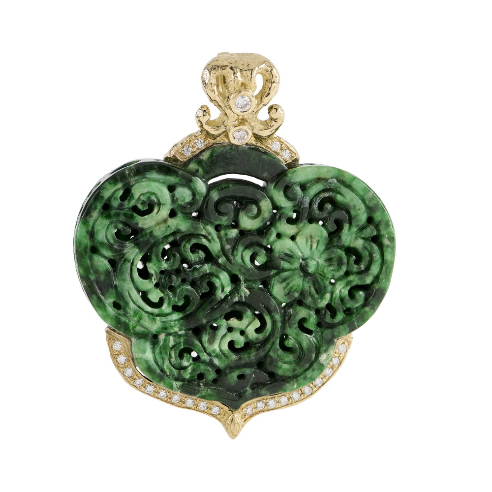 Carved and Pierced "Spinach" Jade and Diamond Pendant