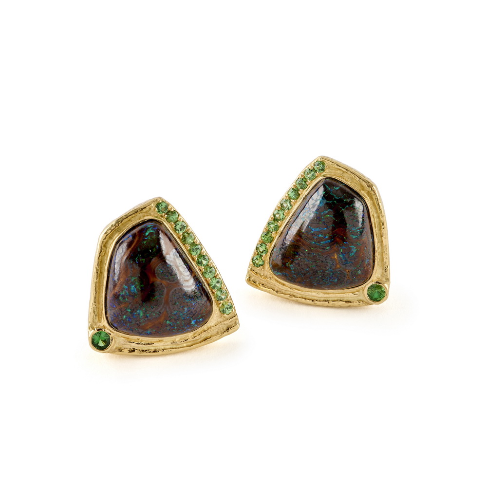 18k yg, Cabochon Boulder Opal and Tsavorite Garnet Earrings