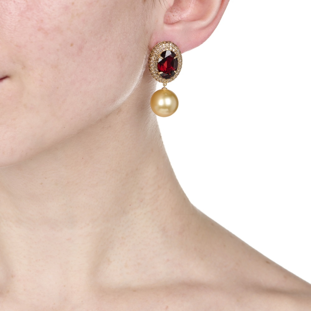 Faceted Garnet and Cognac Diamond Golden Pearl Drops E-1828-0001_on_model.jpg