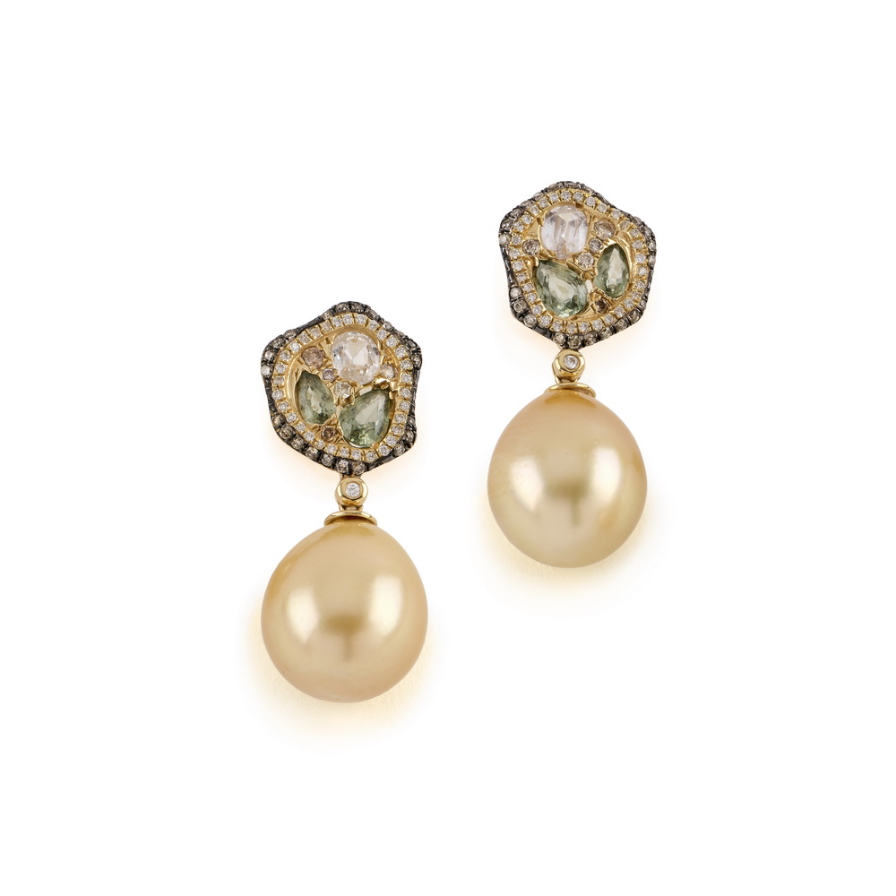 Golden Pearl Earrings with Green / White Sapphires and Black / White Diamonds