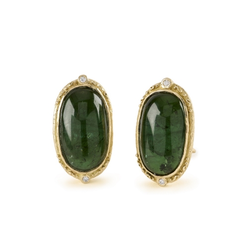 Cabochon Green Tourmaline and Diamond Earrings