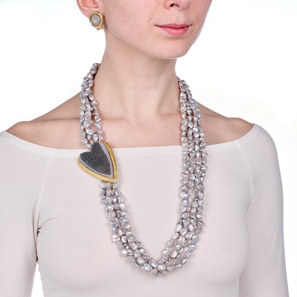 Gray Keshi Pearl Multistrand Necklace with Drusy and Agate 