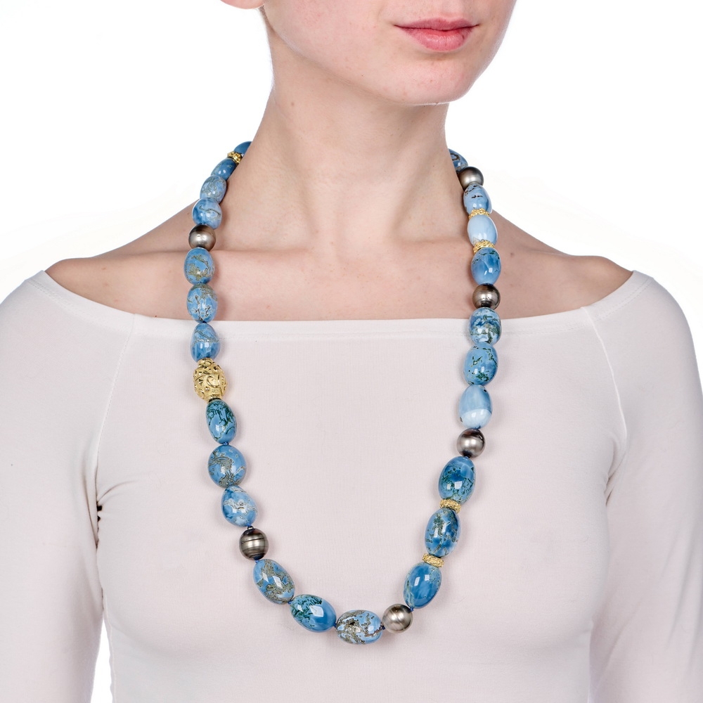 Indian Blue Tumbled Bead Opal Necklace with Pearls and Large Collection Fete Clasp N-2391-16948_on_model.jpg