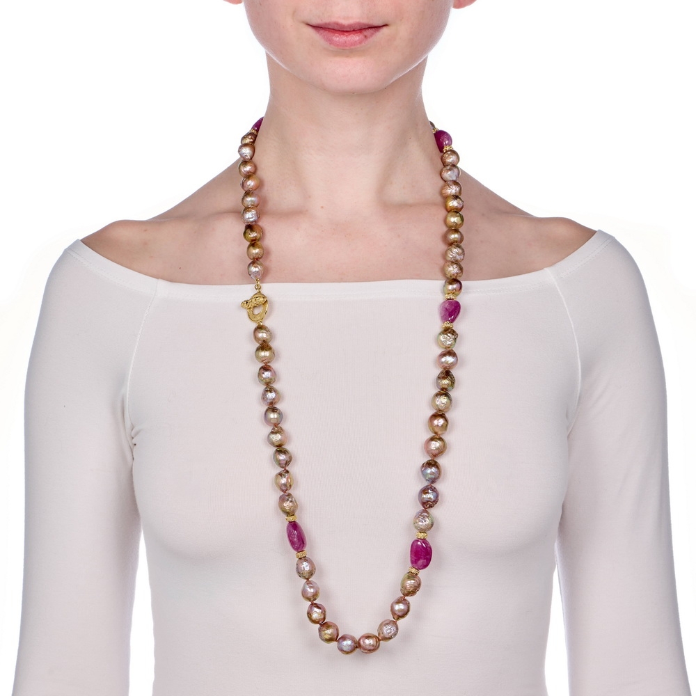 Metallic Baroque Pearl and Pink Sapphire Necklace with 3mm Laura Rondelles and Small Mimi Toggle Clasp N-2395-16980_on_model.jpg