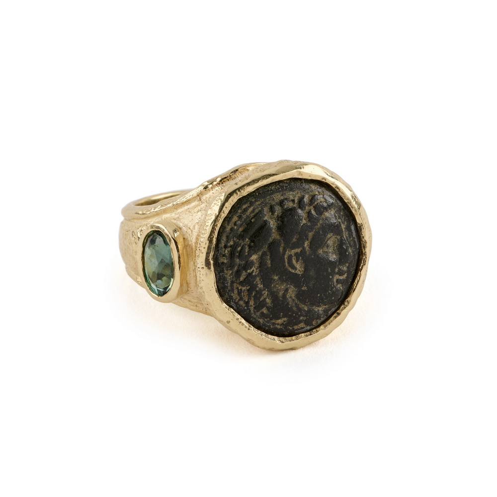 Ancient Bronze Coin Ring with Faceted Green Tourmaline