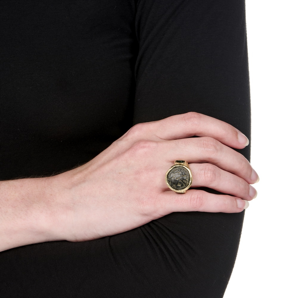 Ancient Bronze Coin Ring with Faceted Green Tourmaline R-1720-16988_on_model.jpg