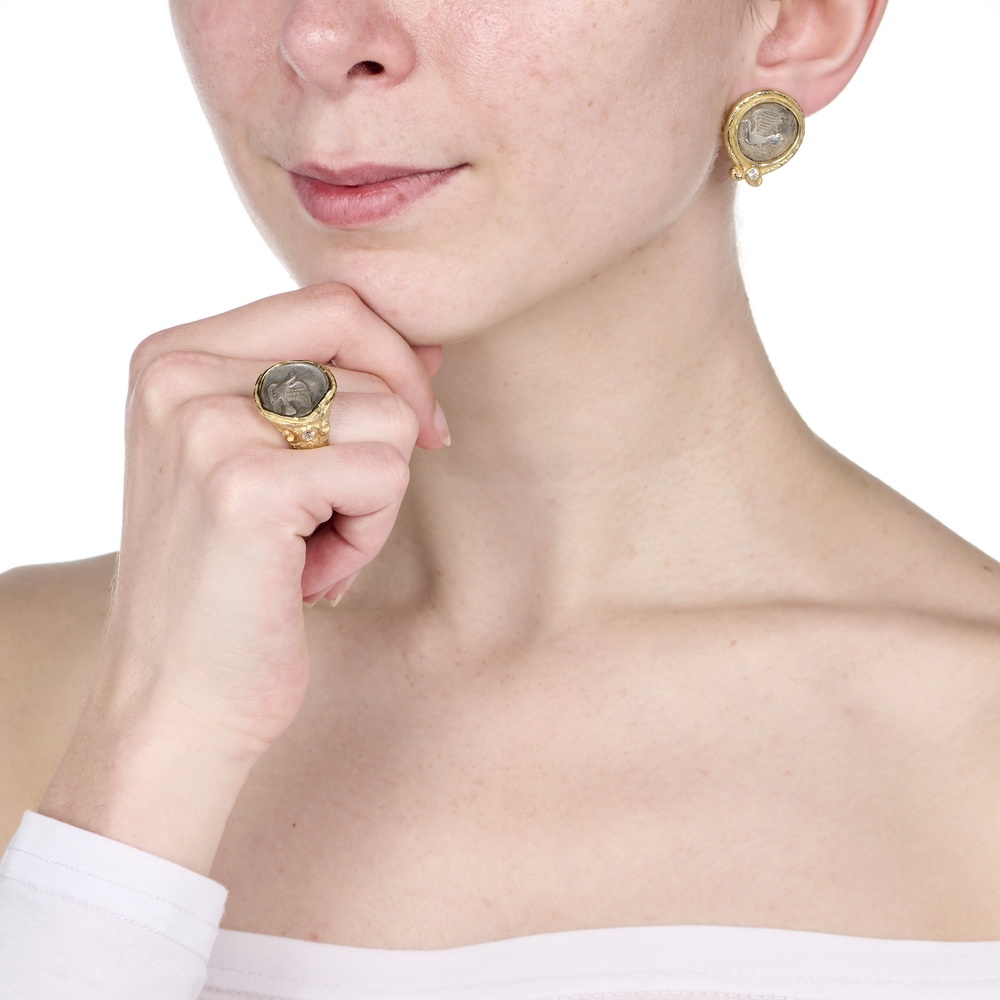 Ancient Silver Coin and Diamond Earrings R-1721-16985_E-1343-16249_on_model1.jpg