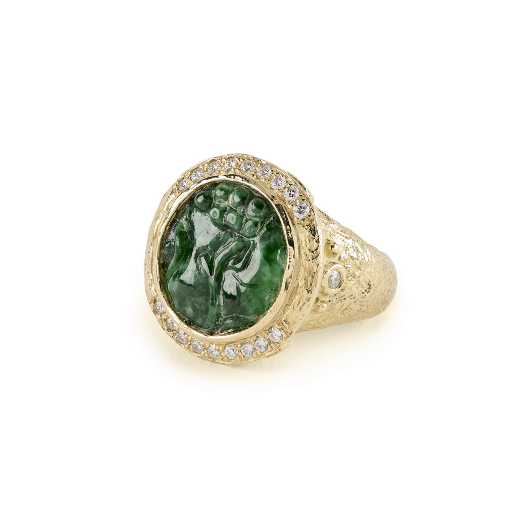 Carved "Spinach" Jade and Diamond Ring