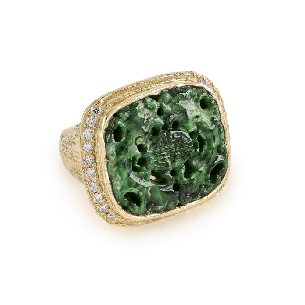 Carved and Pierced "Spinach" Jade and Diamond Ring